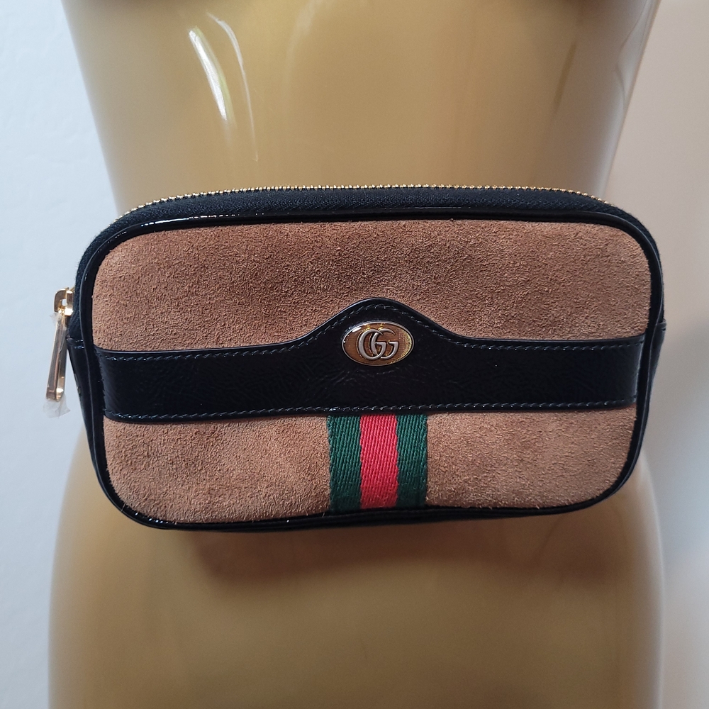 Gucci Brown Suede Sm Ophidia Belt Bag with black patent leather trim Grn/red Str - Picture 2 of 13